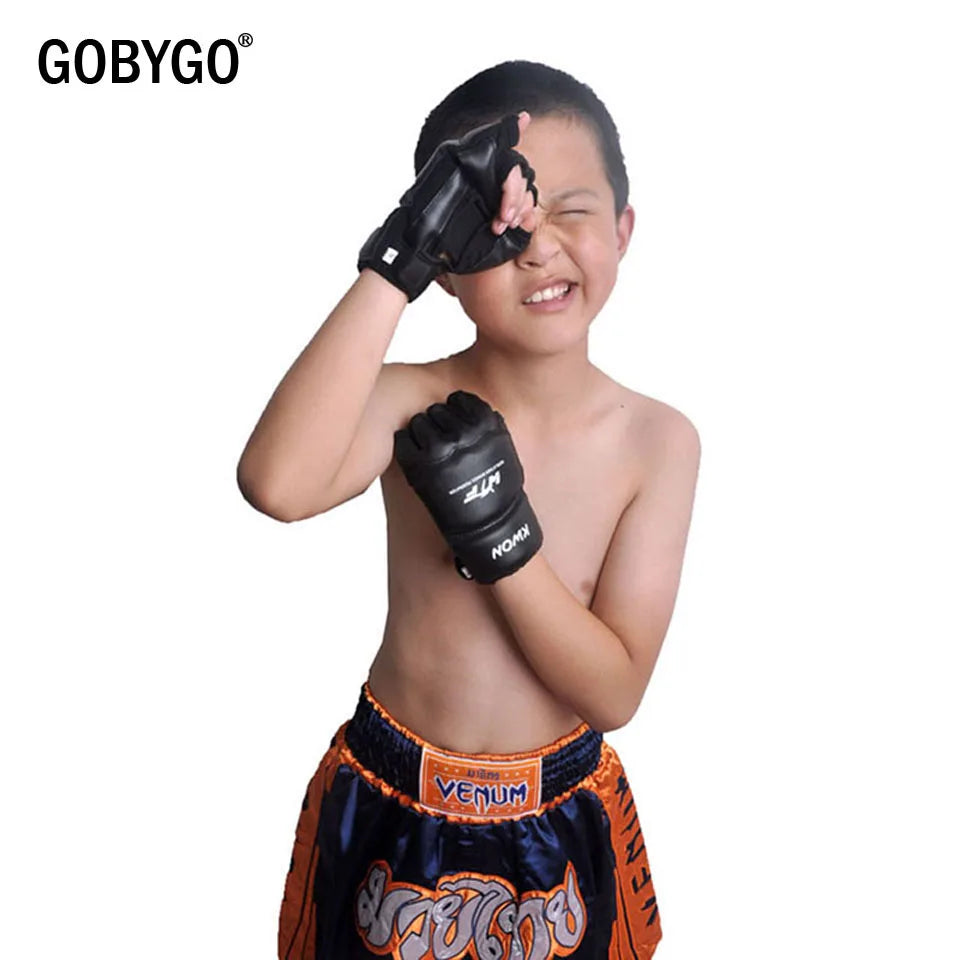 GOBYGO-guantes de boxeo de medio dedo para niños, Protector de manos de cuero PU para entrenamiento de boxeo, Fitness, Taekwondo