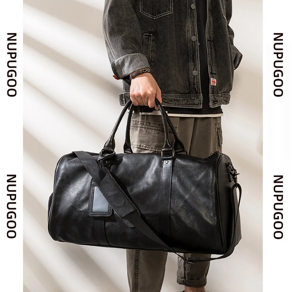 NUPUGOO-Bolso de viaje para hombre, bolsa de equipaje de mano informal de cuero genuino, de alta capacidad, bolsillo para zapatos y hombro, para portátil de 17 pulgadas