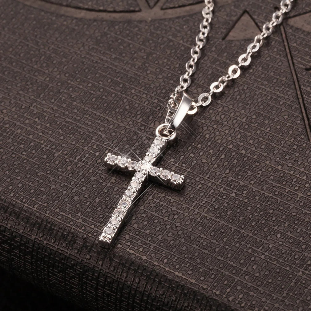 Jesus Cross Pendant for Men Women Gold Color Crystal Necklace