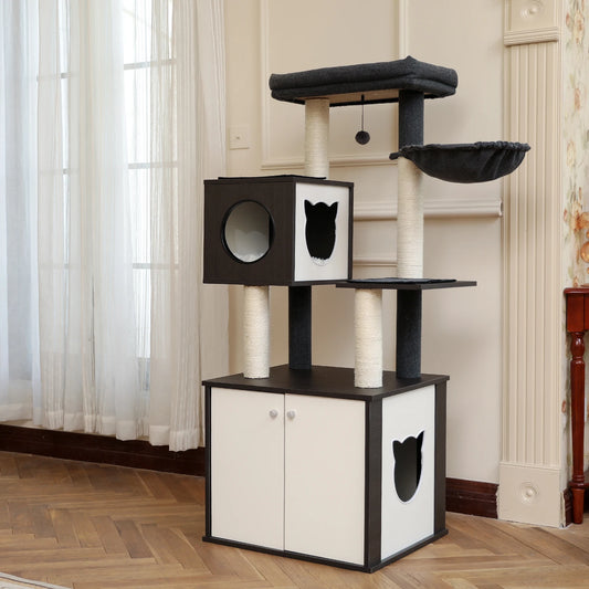 Deluxe Cat Tree Tower with Cabinet, Wooden Adjustable Height, Verti from Floor to Ceiling