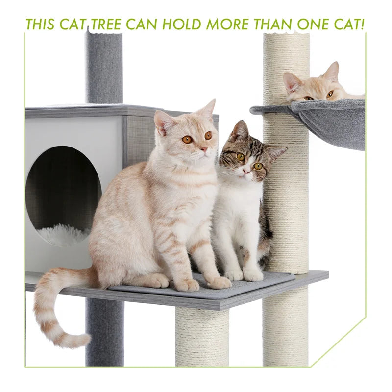 Deluxe Cat Tree Tower with Cabinet, Wooden Adjustable Height, Verti from Floor to Ceiling