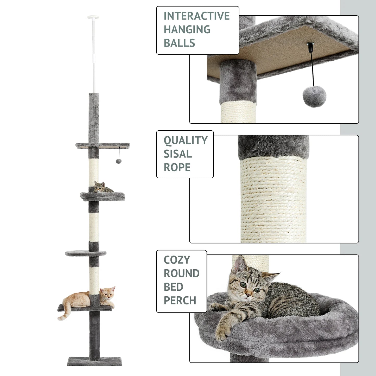 Deluxe Cat Tree Tower with Cabinet, Wooden Adjustable Height, Verti from Floor to Ceiling