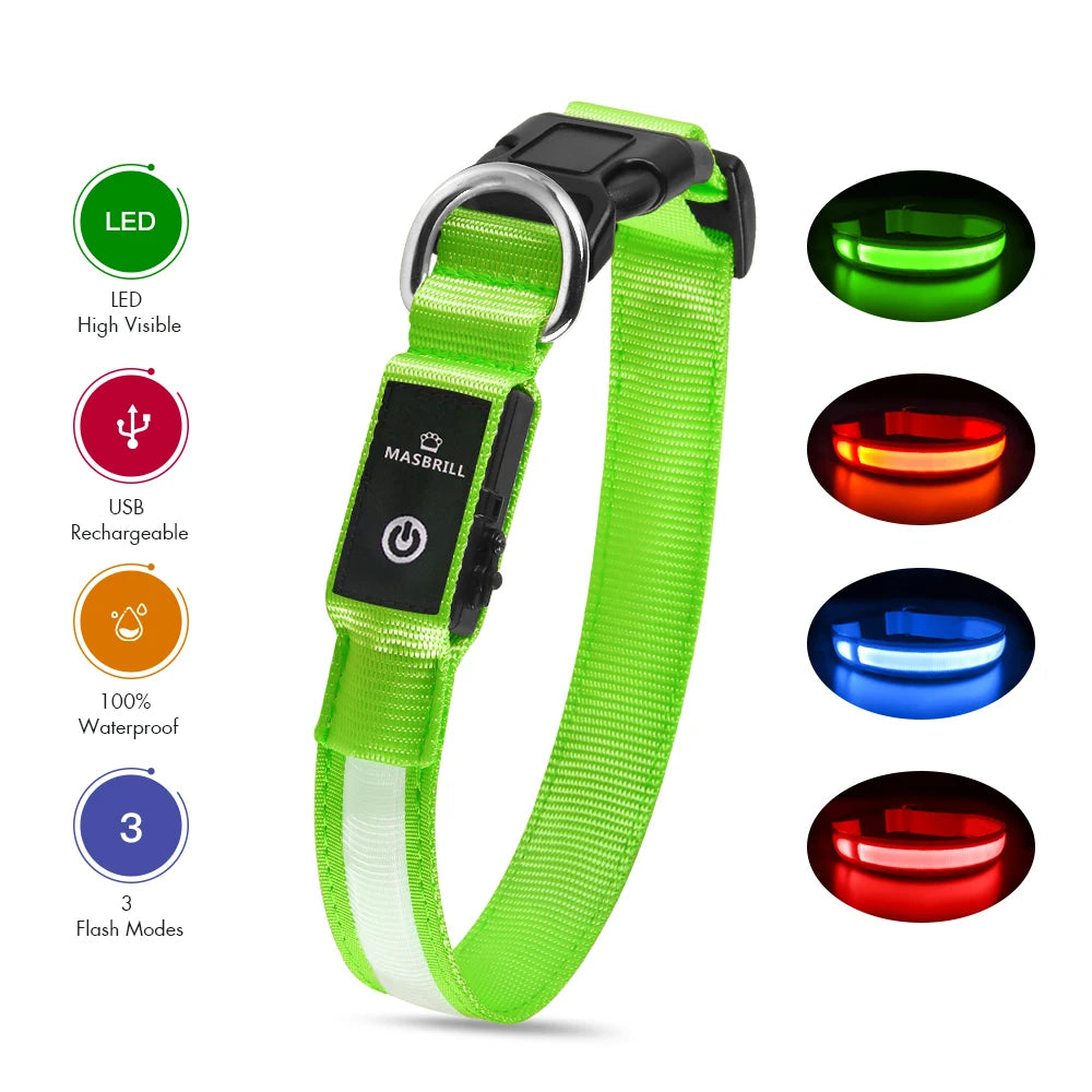 MASBRILL Dog Collar Adjustable Tactical Dogs Collars Pet Luminous Flashing Collar