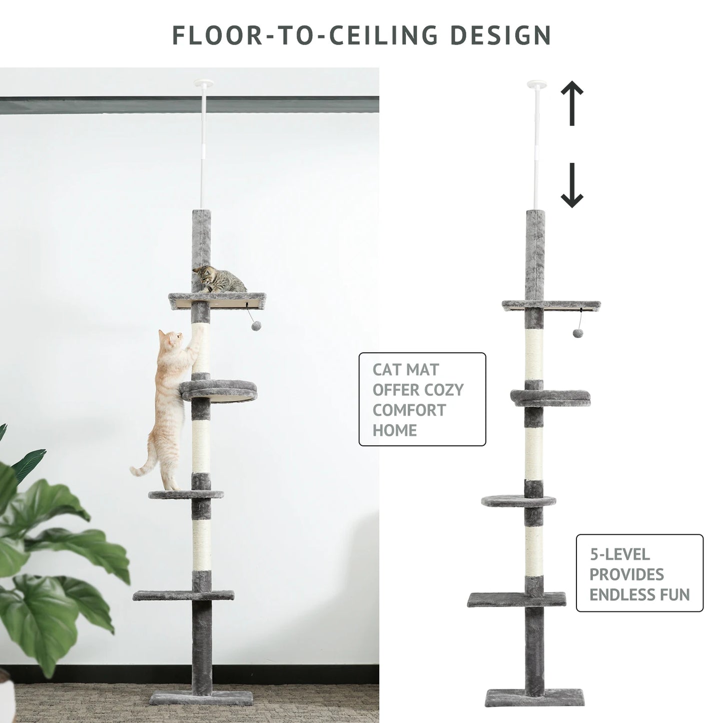 Deluxe Cat Tree Tower with Cabinet, Wooden Adjustable Height, Verti from Floor to Ceiling