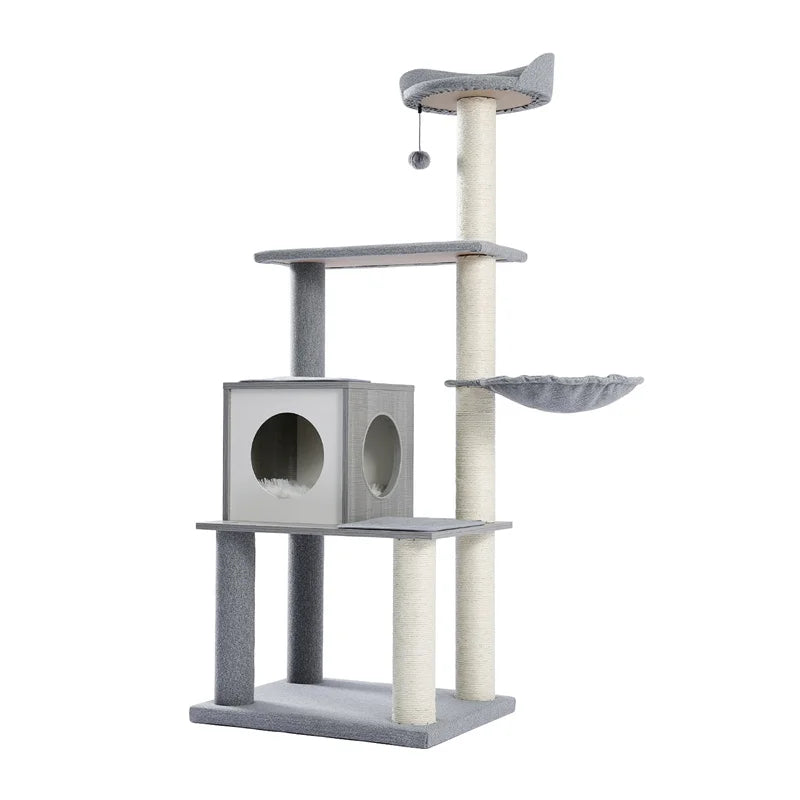 Deluxe Cat Tree Tower with Cabinet, Wooden Adjustable Height, Verti from Floor to Ceiling