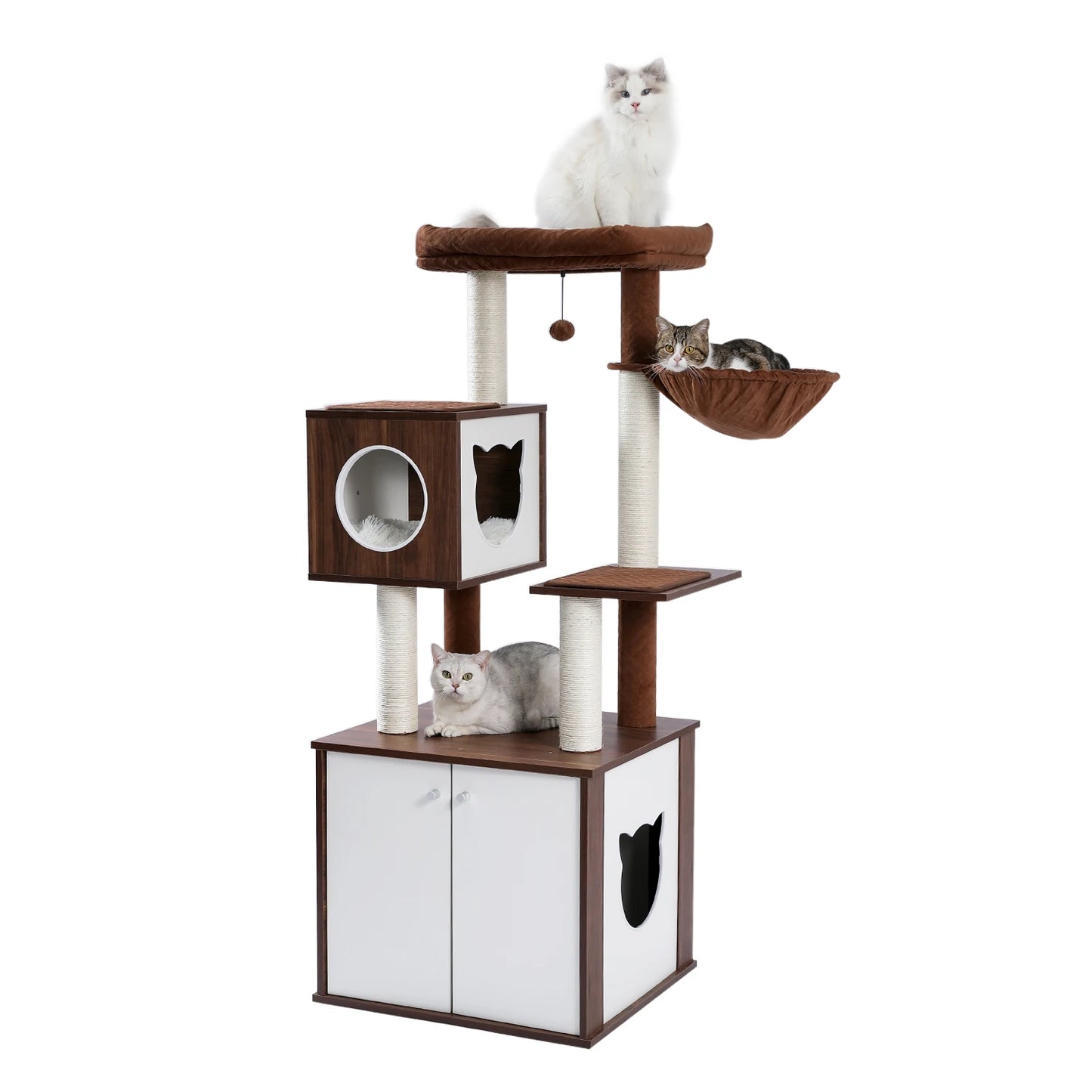 Deluxe Cat Tree Tower with Cabinet, Wooden Adjustable Height, Verti from Floor to Ceiling