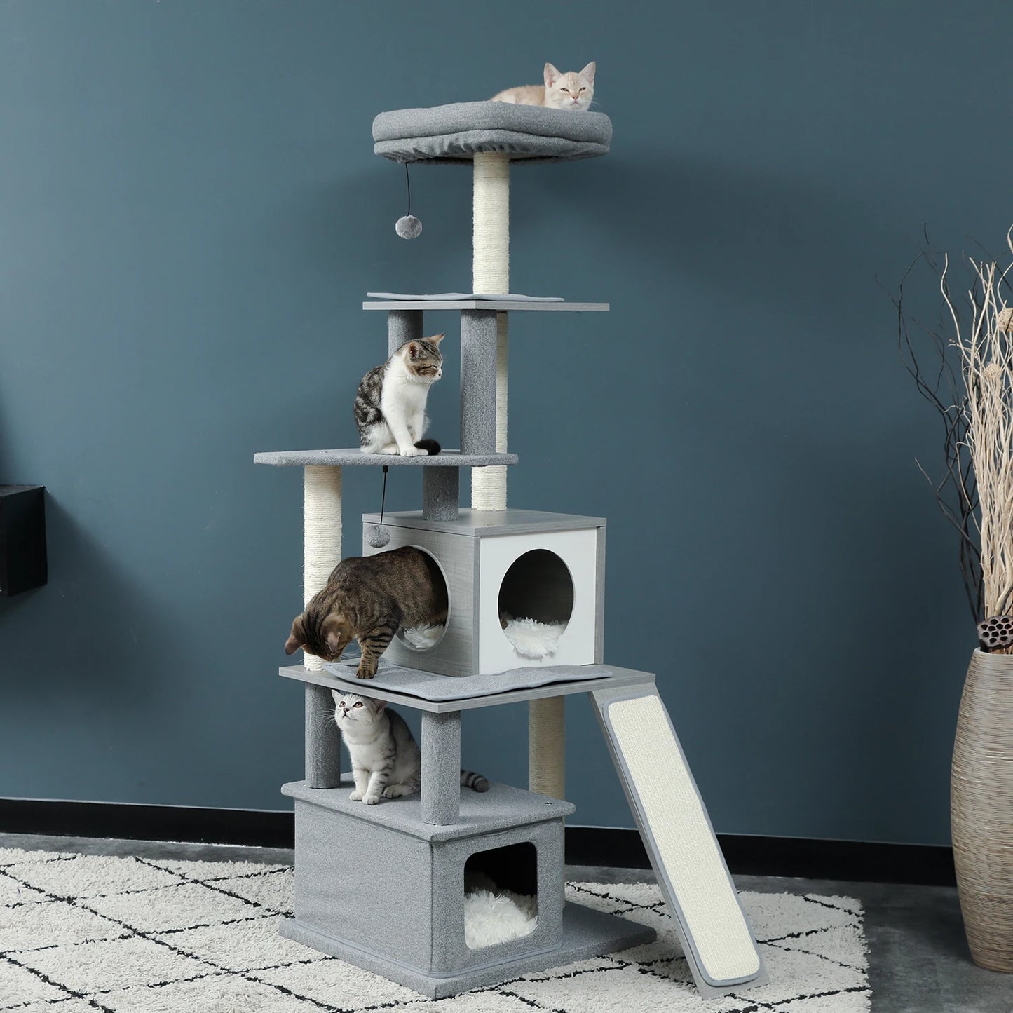 Deluxe Cat Tree Tower with Cabinet, Wooden Adjustable Height, Verti from Floor to Ceiling