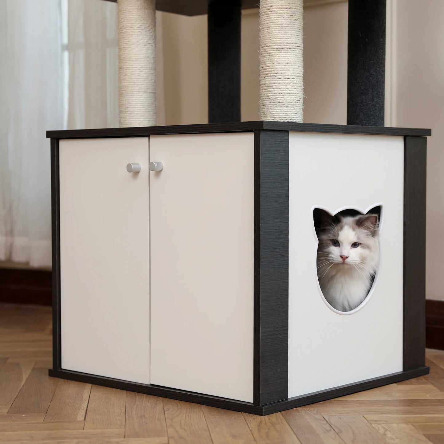 Deluxe Cat Tree Tower with Cabinet, Wooden Adjustable Height, Verti from Floor to Ceiling