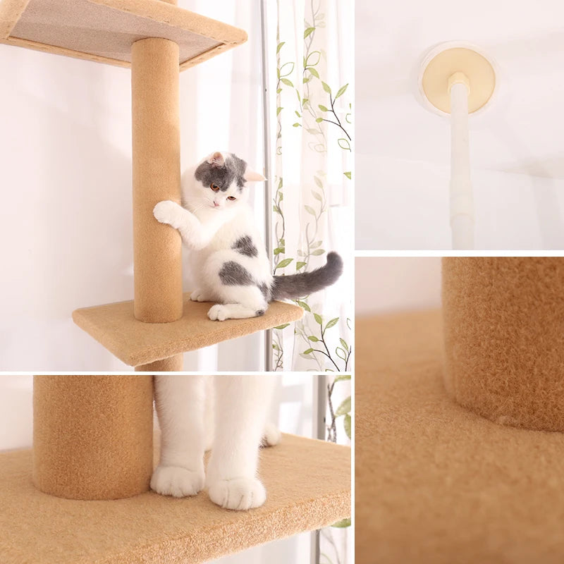 Deluxe Cat Tree Tower with Cabinet, Wooden Adjustable Height, Verti from Floor to Ceiling