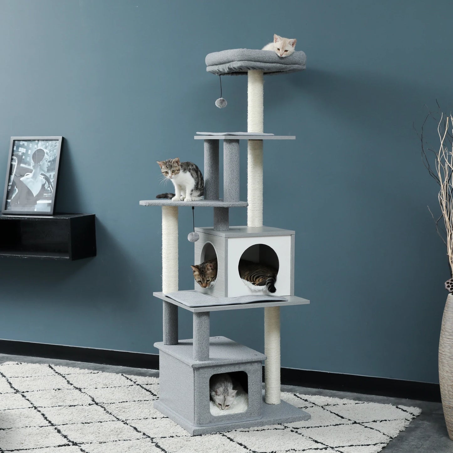 Deluxe Cat Tree Tower with Cabinet, Wooden Adjustable Height, Verti from Floor to Ceiling