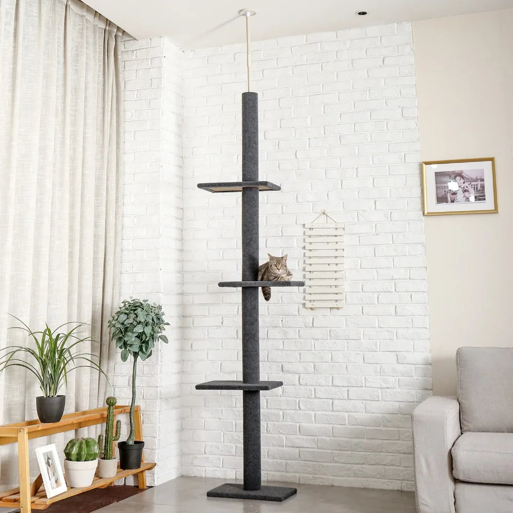 Deluxe Cat Tree Tower with Cabinet, Wooden Adjustable Height, Verti from Floor to Ceiling