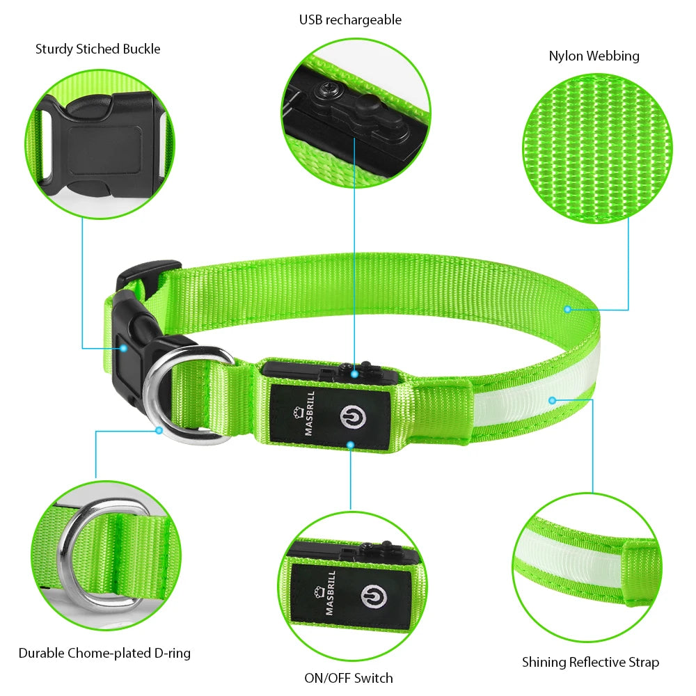 MASBRILL Dog Collar Adjustable Tactical Dogs Collars Pet Luminous Flashing Collar