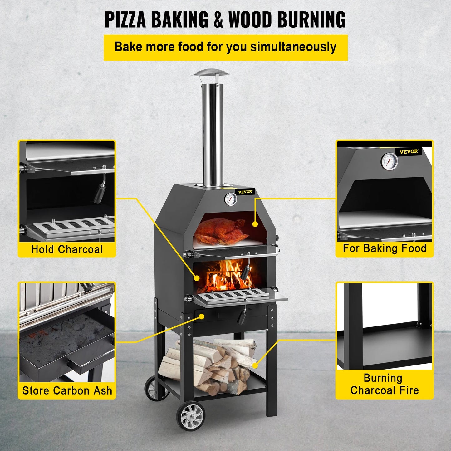 VEVOR-horno de Pizza frita de madera, horno portátil de 2 capas con ruedas y mango, ahorro de trabajo, para patio trasero, camping, parque, horneado al aire libre, 12"