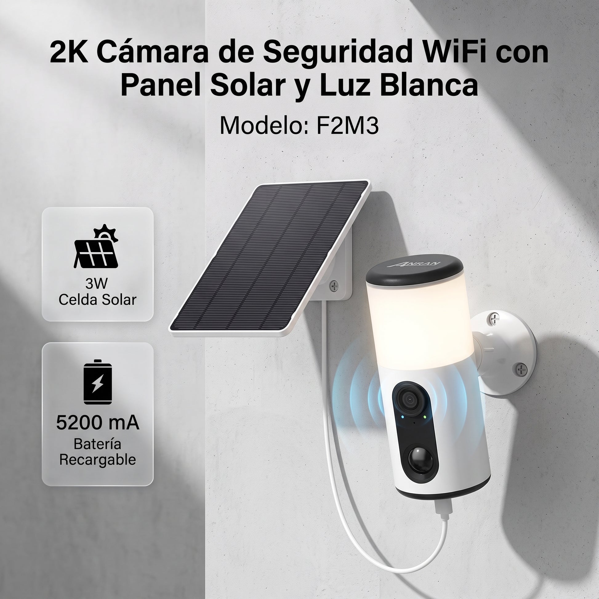 ANRAN Cámara de Seguridad Solar WiFi 2.4G 3MP para Exterior | Visión Nocturna a Color, Audio Bidireccional y Alarma