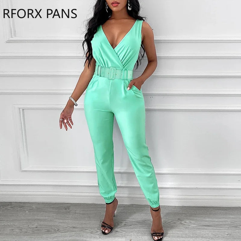 Women's Pocket Design Sleeveless Solid Jumpsuit Backless Jumpsuit 