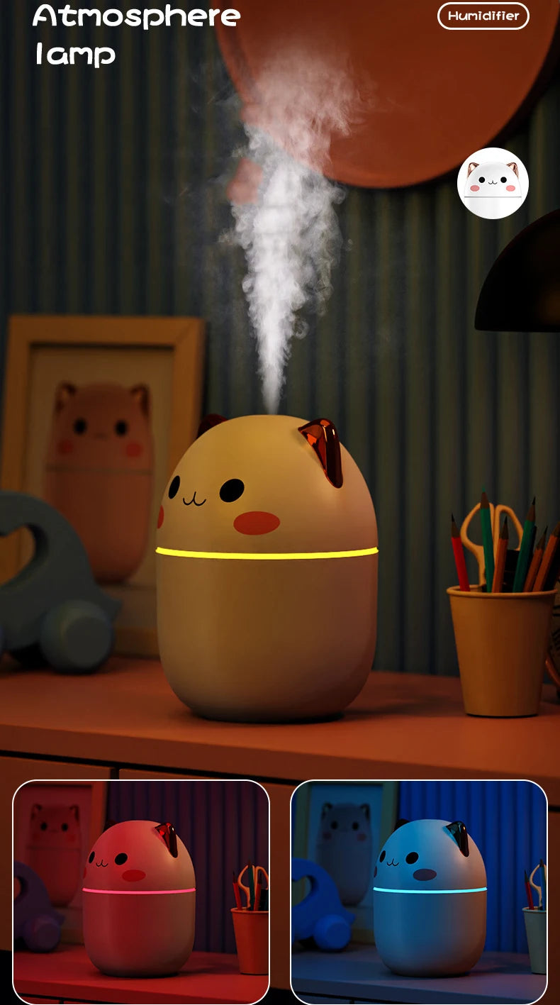 Humidificador de aire portátil, difusor de Aroma Kawaii con luz nocturna, vapor