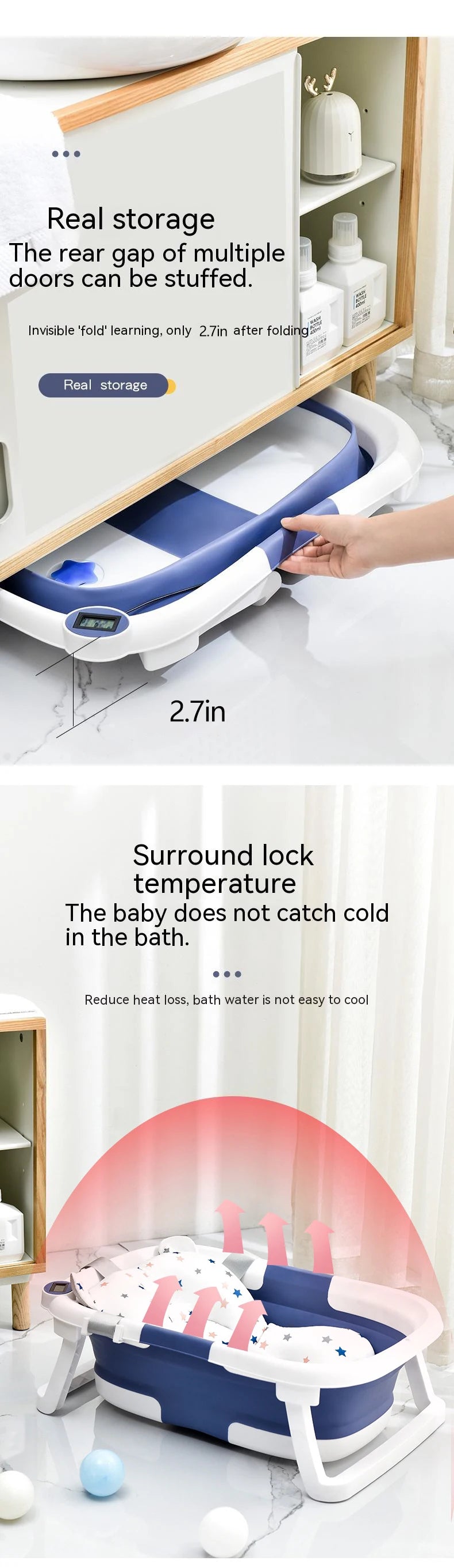 Cubo de baño de silicona para bebé, accesorio plegable con sensor de temperatu