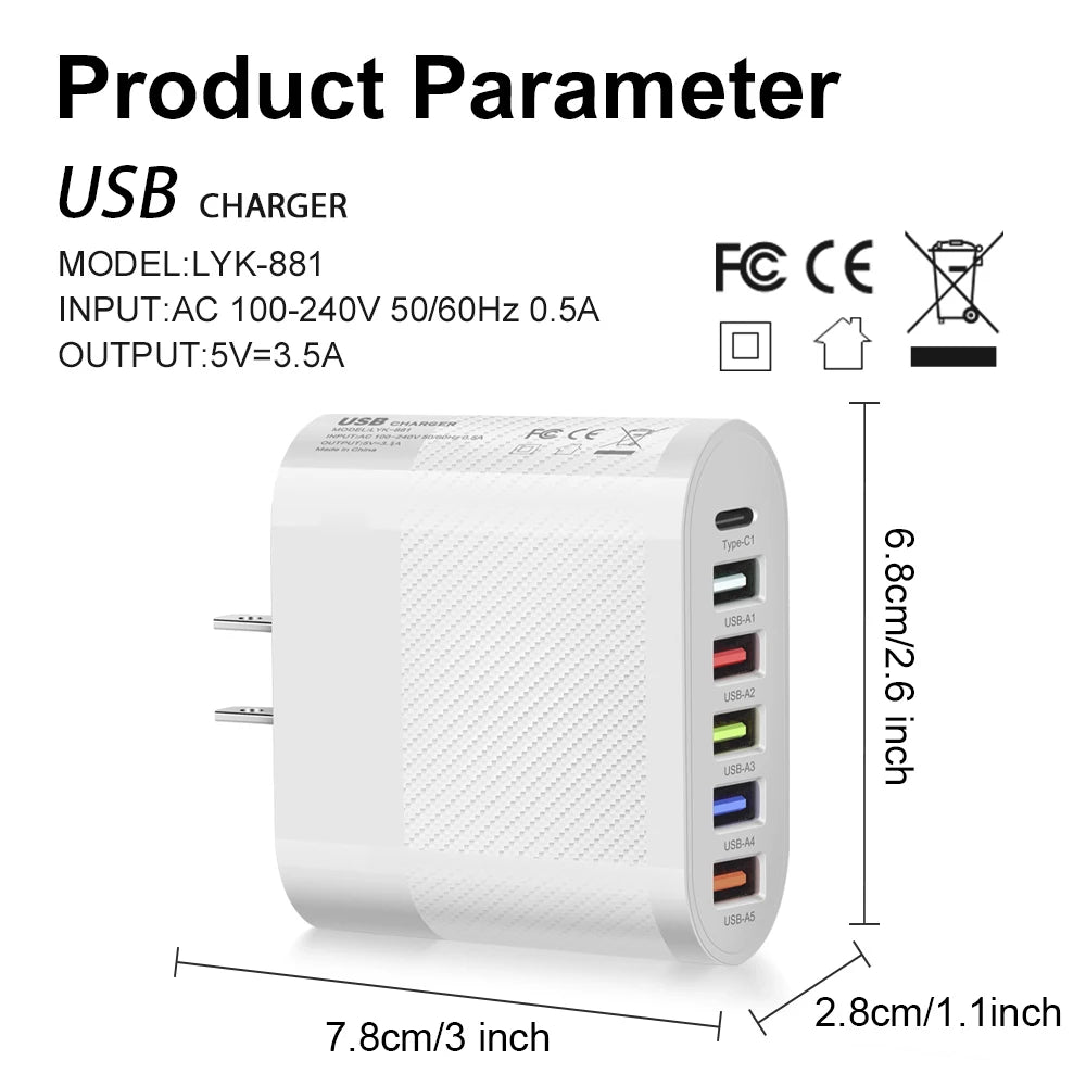 Cargador USB tipo C de 6 puertos, adaptador de carga rápida PD, carga rápida 3,0, enchufe de pared para teléfono iPhone, Samsung, Xiaomi, Huawei, #3