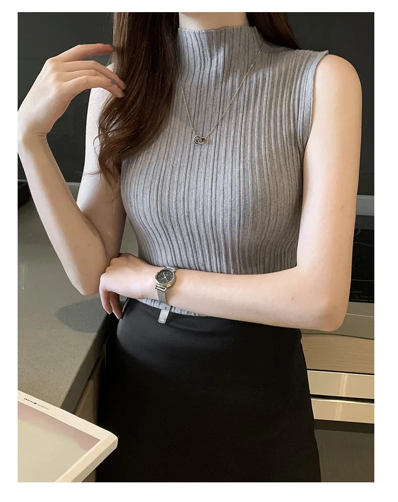 Women's Thin Knitted Sleeveless Sweater Half High Neck Shirt Blouse