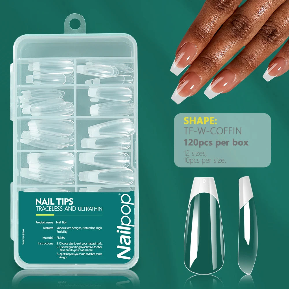 Nailpop-Uñas acrílicas de 120 piezas, cápsula falsa, almendra corta, ataúd cuadrado, extensión de uñas artificiales, puntas de Gel suave, accesorios, herramientas