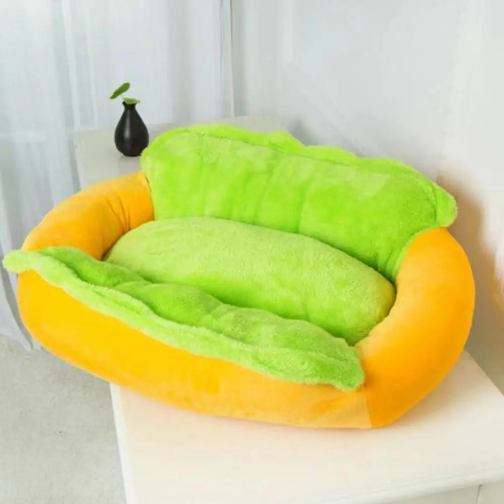 Dog Calming Bed, Detachable Hot Dog Shape Stuffed Pet Bed, Non-Slip Base with Zipper