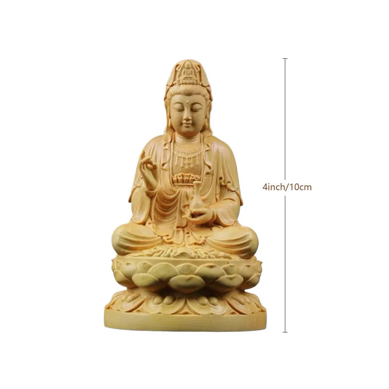 Wooden Guanyin Bodhisattva Figurine Carved Buddha Sculpture Crafts 