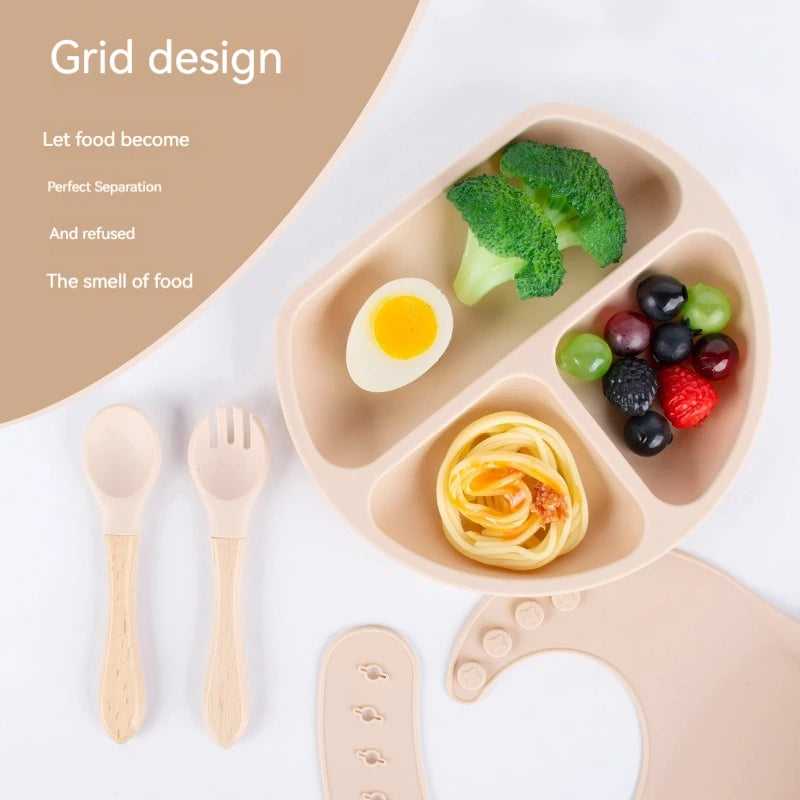 Juego de vajilla de silicona para niños, 4 piezas, plato de cena de silicona con mango de madera, cuchara, tenedor, Baberos de silicona sin BPA