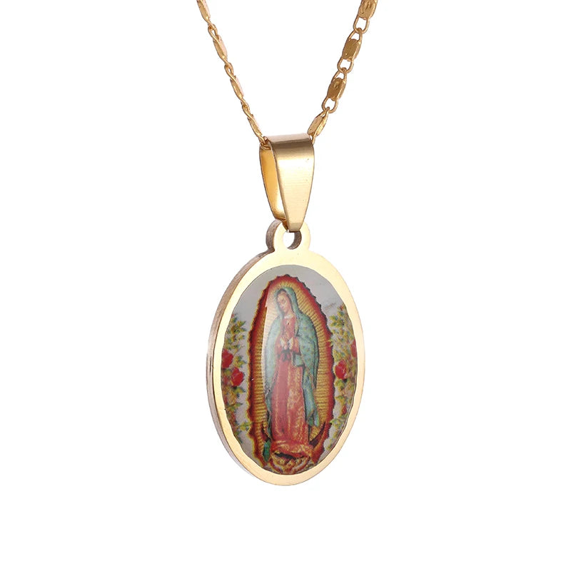 Colgante de acero inoxidable de la Virgen María católica clásica para mujer, collar de Guadalupe, amuleto religioso de la suerte, regalo de joyería