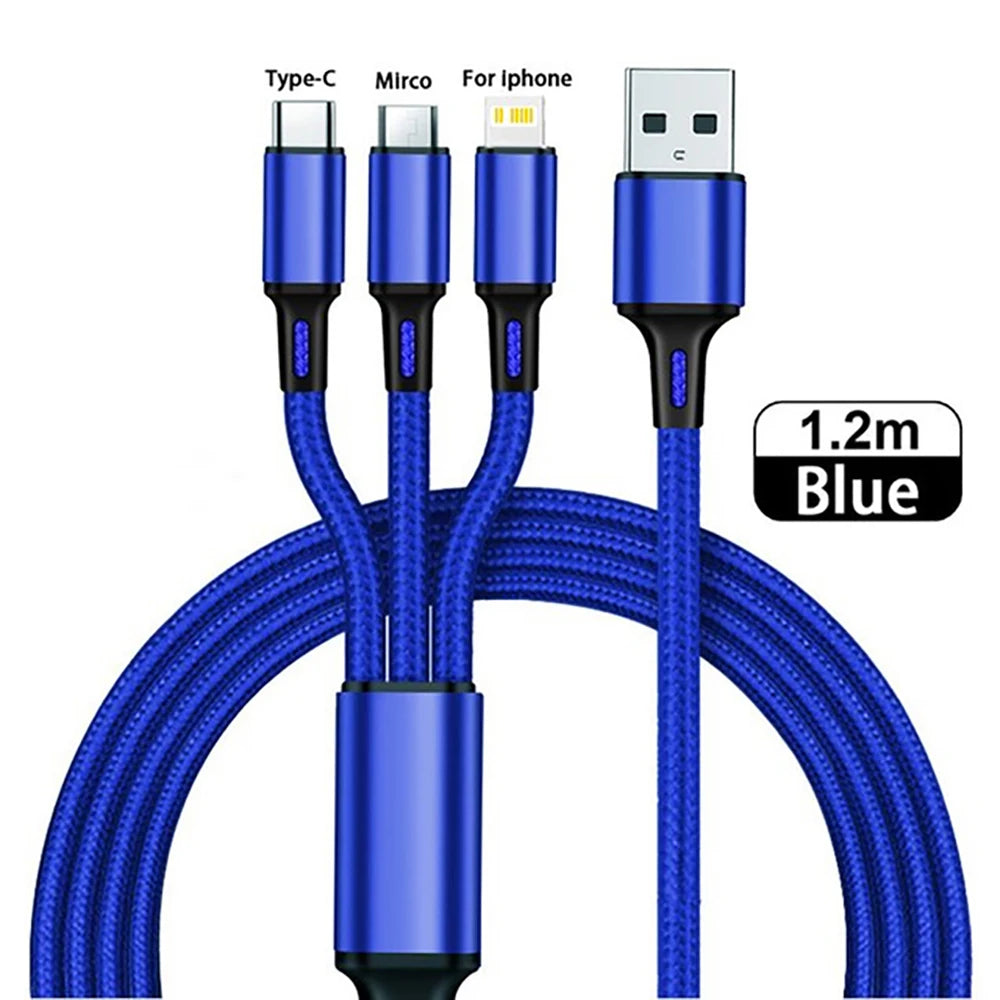 Cable USB tipo C 3 en 1 para teléfono, Cable de carga Universal trenzado de nailon para iphone 14, Xiaomi, Huawei Mate 40