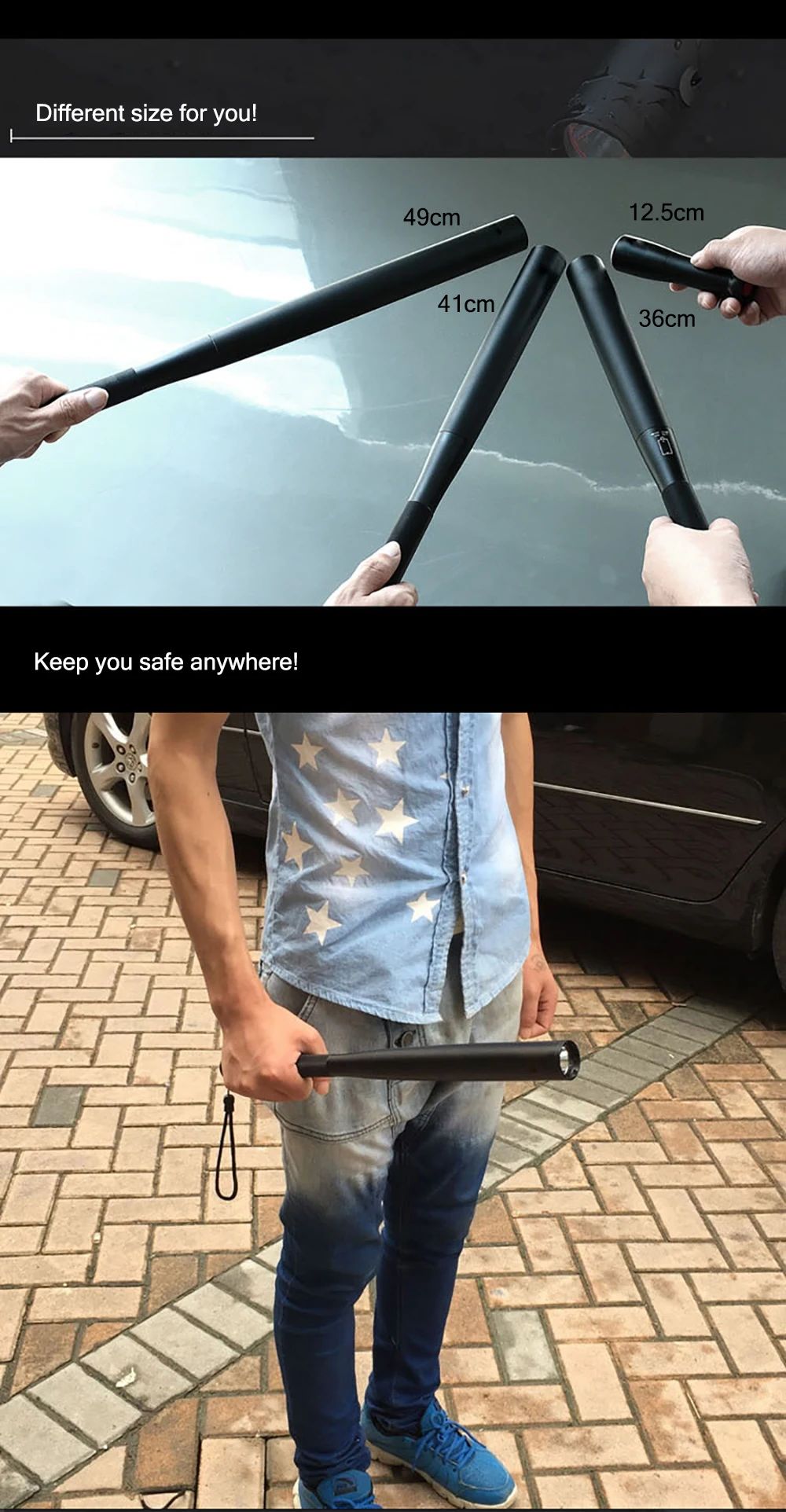 Linterna de autodefensa resistente al agua, palo LED, bate de béisbol, antorcha de aleación de aluminio, equipo antidisturbios de autodefensa de emergencia