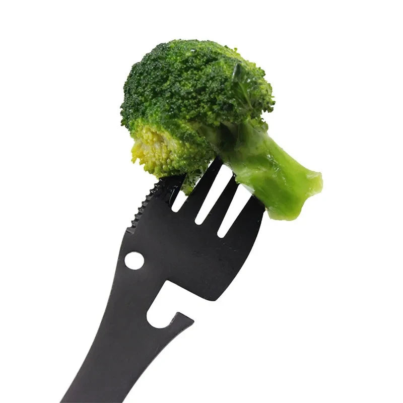 Herramientas de supervivencia al aire libre 5 en 1, Kit EDC multifuncional para acampar, práctico tenedor, cuchillo, cuchara, Abrebotellas/latas