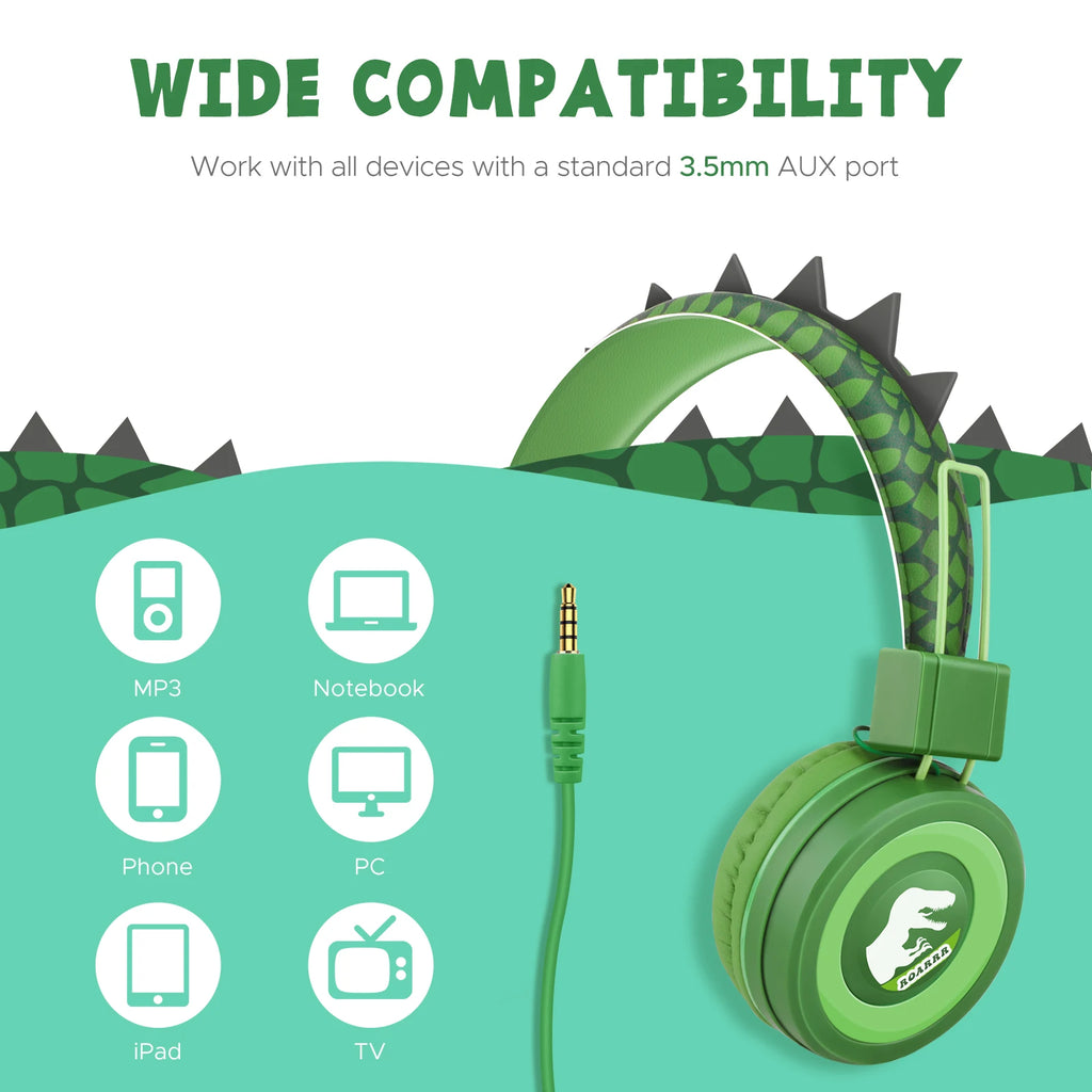 Auriculares de dinosaurio con cable para niños, auriculares con micrófono y bonitos límite de volumen de 85dB para iPad/Kindle/Fire Tablet