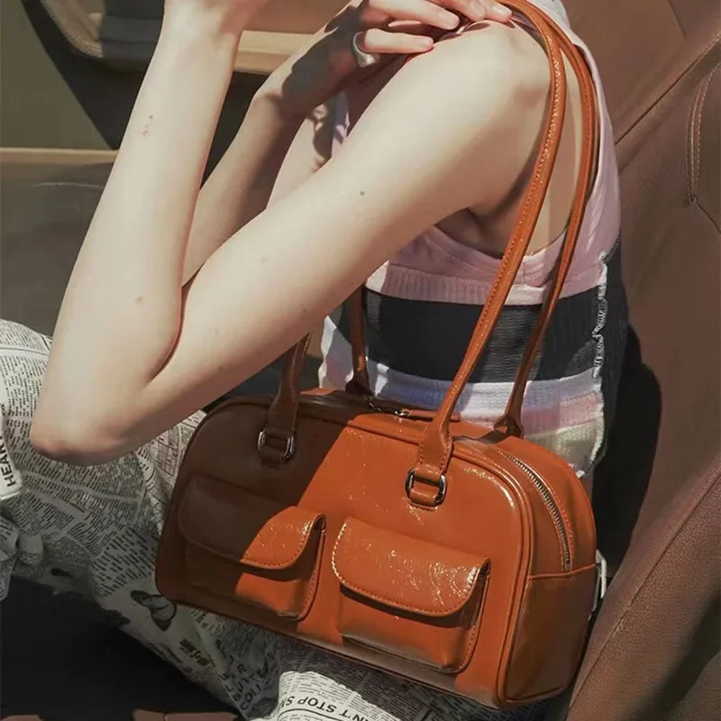 XOUHAM-Bolso Retro rojo para mujer, PU con múltiples bolsillos Cartera de cuero, de diseñador de lujo, para hombro y axilas