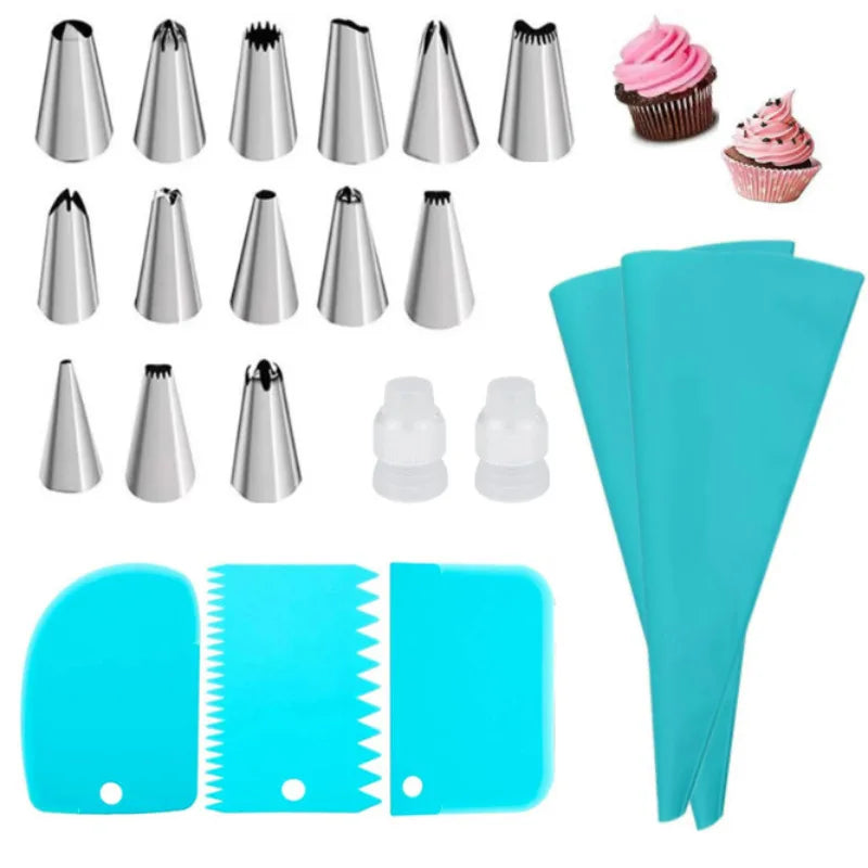 Juego de bolsas y puntas de silicona para tuberías, Kit de decoración DIY para pasteles con boquilla de acero inoxidable, herramienta para hornear repostería de silicona reutilizable