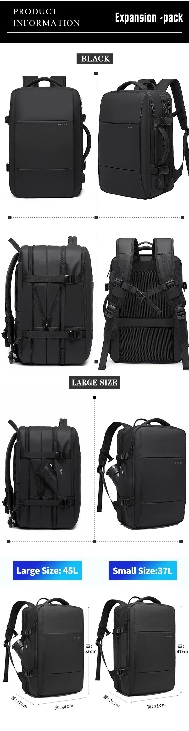 BANGE-mochila de viaje para hombre, morral de negocios expandible con USB, de gran capacidad, resistente al agua, para ordenador portátil, 17,3