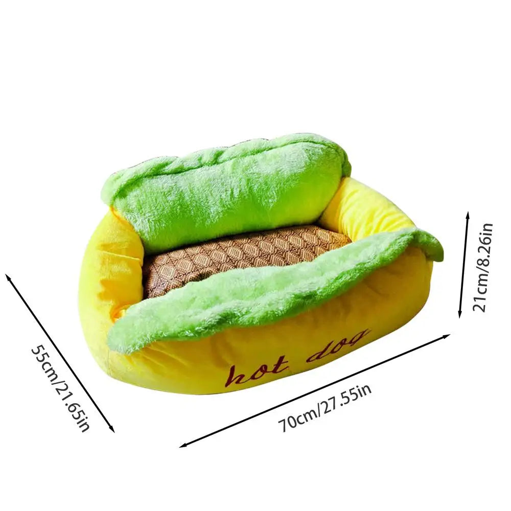 Dog Calming Bed, Detachable Hot Dog Shape Stuffed Pet Bed, Non-Slip Base with Zipper