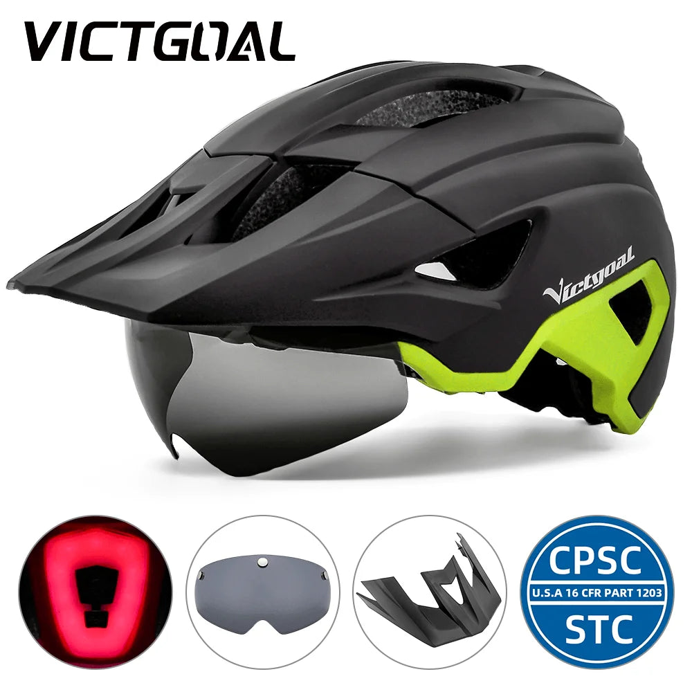 VICTGOAL-casco de bicicleta con luz LED para hombre, gafas de sol con visera, recargable, escudo para ciclismo de montaña y carretera