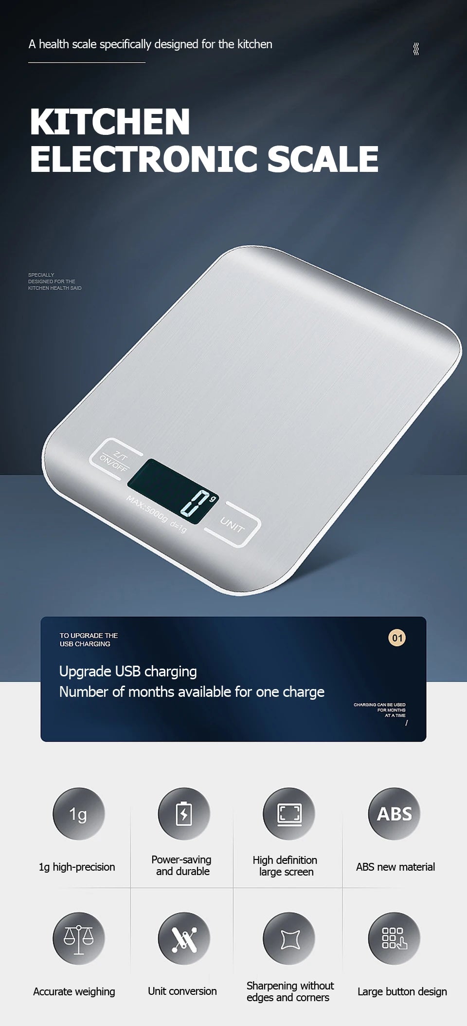 Báscula de cocina recargable con pantalla LCD, balanza electrónica de acero inoxidable, joyería para el hogar, aperitivos, pesaje de alimentos, herramientas para hornear, 5kg/10kg