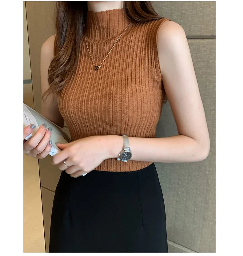 Women's Thin Knitted Sleeveless Sweater Half High Neck Shirt Blouse