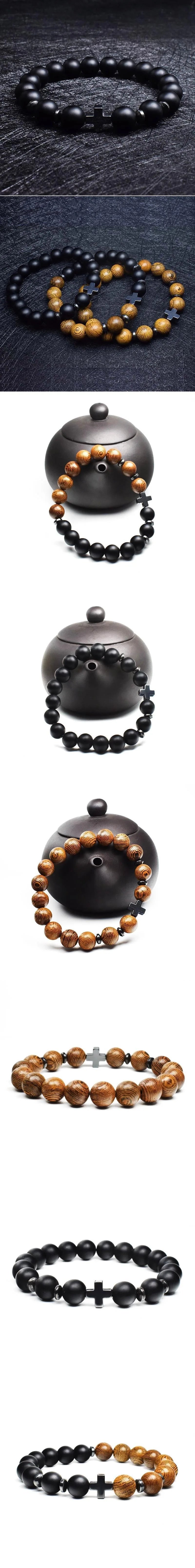 Pulsera de Cruz para hombre, Rosario religioso, cuentas de madera, pulsera de cu