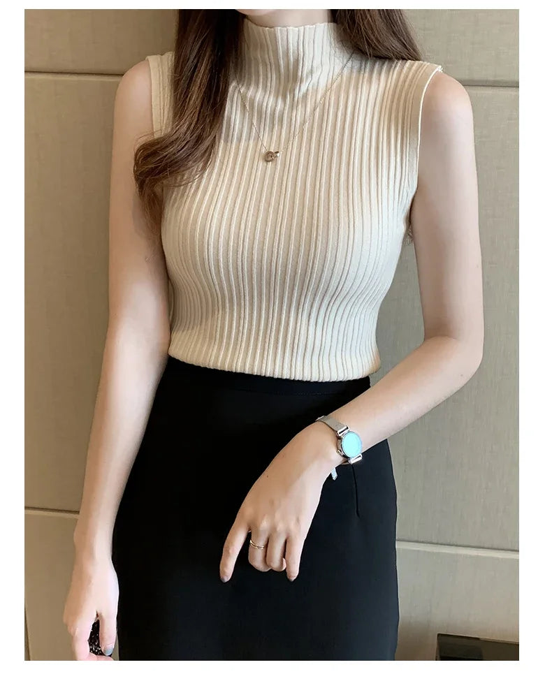 Women's Thin Knitted Sleeveless Sweater Half High Neck Shirt Blouse