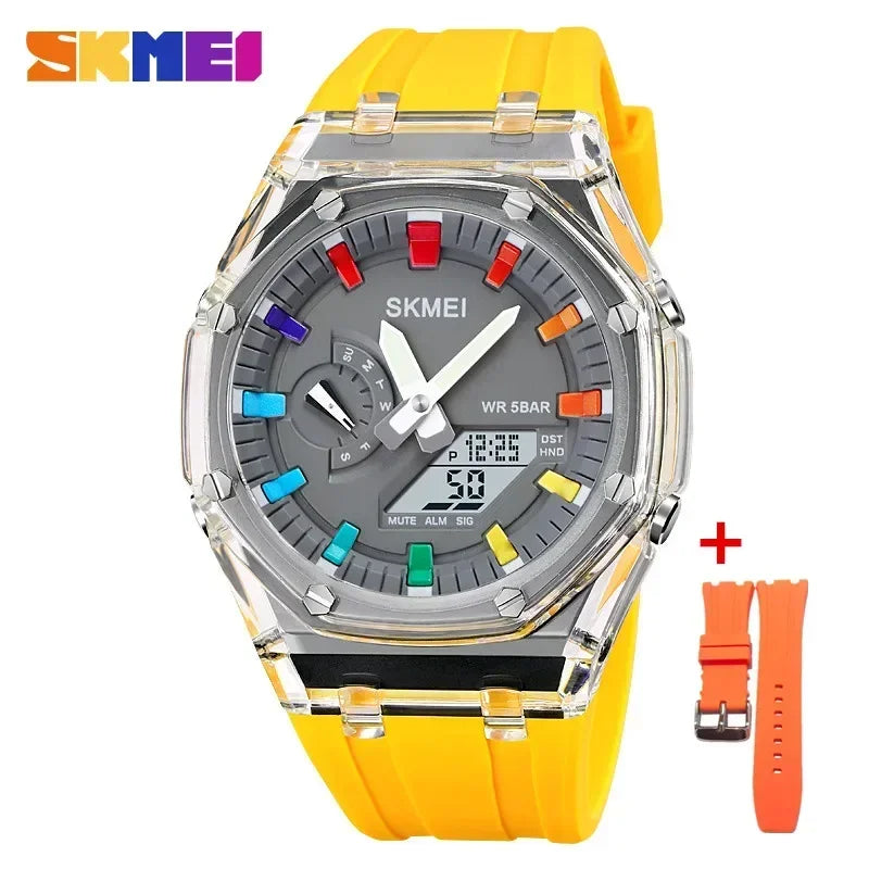 SKMEI-Reloj de pulsera electrónico para hombre, cronómetro de cuenta atrás, resistente al agua, con luz Led, movimiento, 5 despertadores, 2 tiempos, Digital, 2100