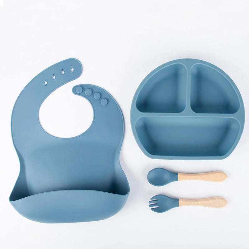 Juego de vajilla de silicona para niños, 4 piezas, plato de cena de silicona con mango de madera, cuchara, tenedor, Baberos de silicona sin BPA