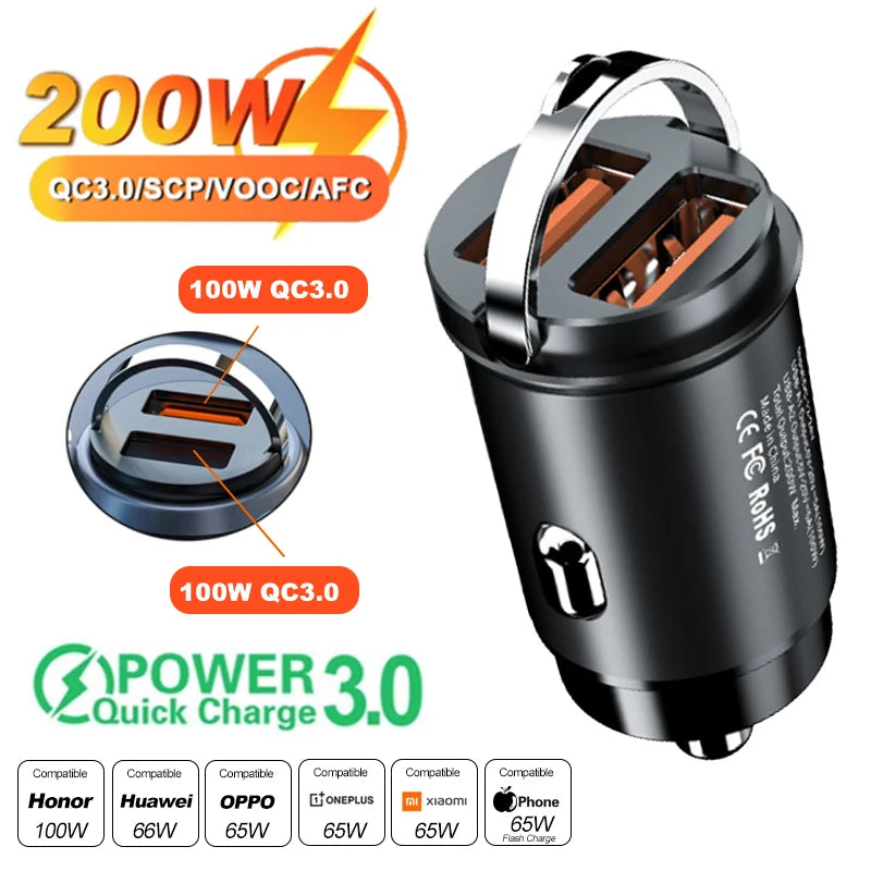 Mini cargador de coche QC3.0 PD de 100W/200W, 12-24V, de carga rápida mechero, USB tipo C, para Xiaomi, Samsung, Huawei, iPhone