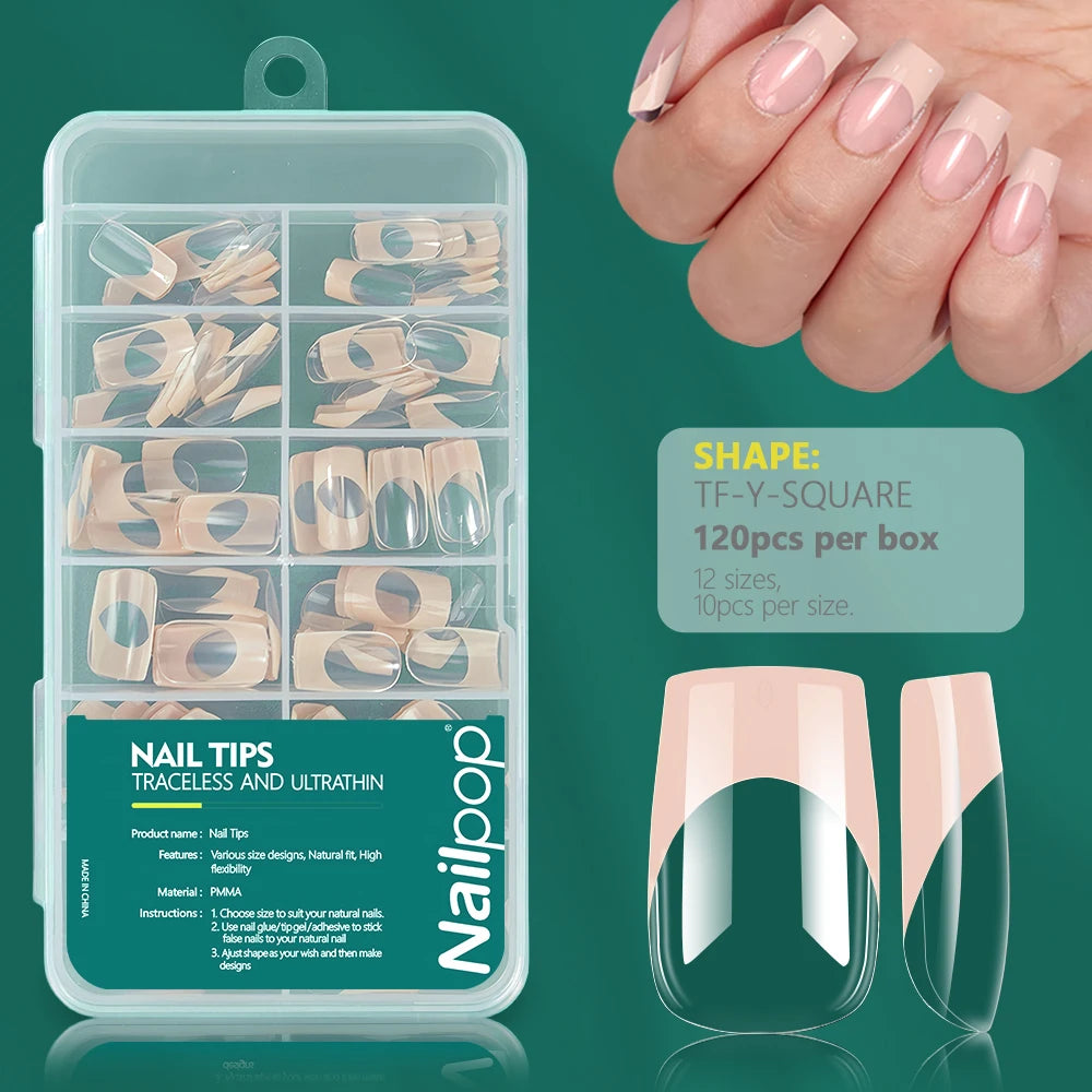 Nailpop-Uñas acrílicas de 120 piezas, cápsula falsa, almendra corta, ataúd cuadrado, extensión de uñas artificiales, puntas de Gel suave, accesorios, herramientas