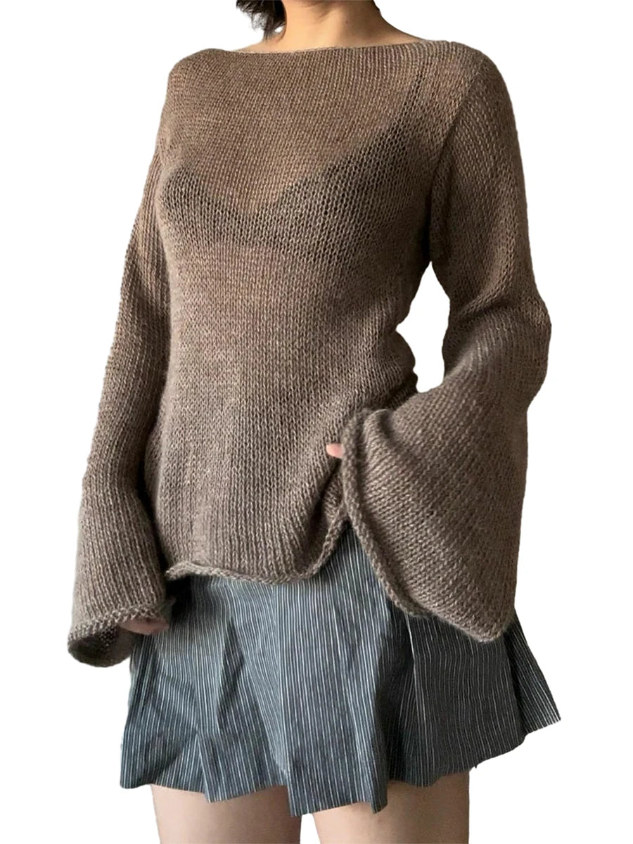 Y2K Women's Sweaters Long Sleeve Bowknot Back Knitted Pullover 