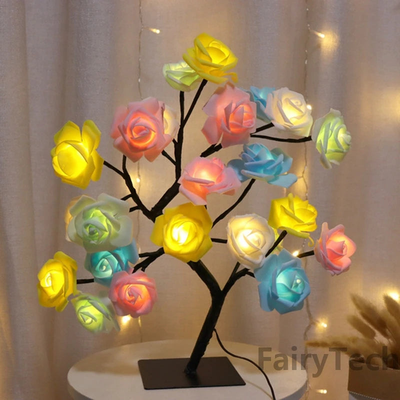 Lámpara LED de mesa de flores rosas, luces de hadas de árbol de Navidad USB, luces nocturnas, decoración de dormitorio de boda, Fiesta en casa, regalo del Día de la madre