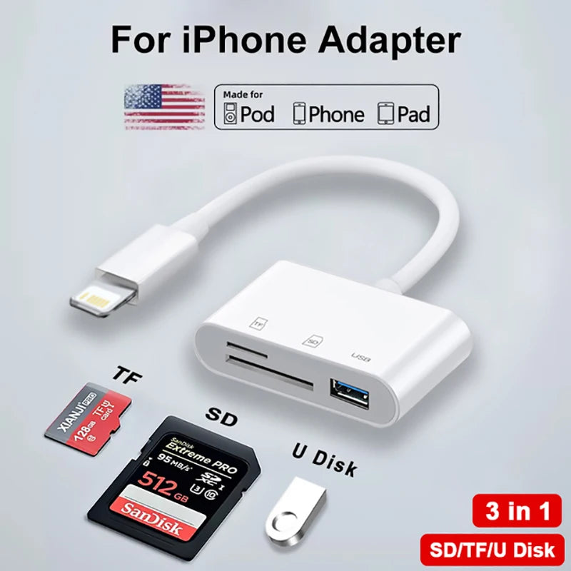 Lector de tarjetas SD TF 3 en 1 para Apple iPhone 14 12 13 11 Pro Max XR XS USB C convertidor de cámara para iPad Android Laptop adaptador OTG