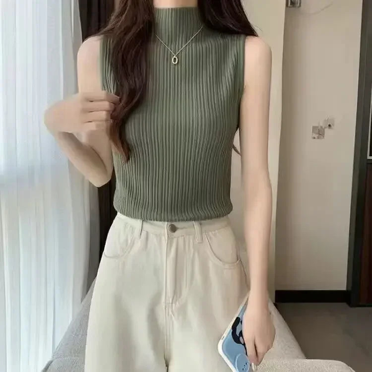 Women's Thin Knitted Sleeveless Sweater Half High Neck Shirt Blouse