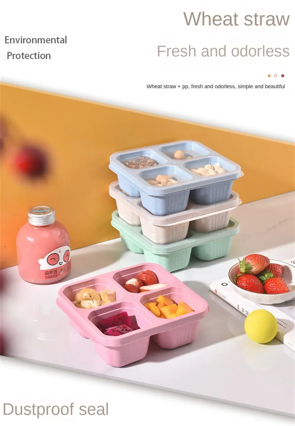 Contenedores de aperitivos reutilizables para niños y adultos, herramienta de cocina portátil, almacenamiento de aperitivos para el hogar, 4 rejillas